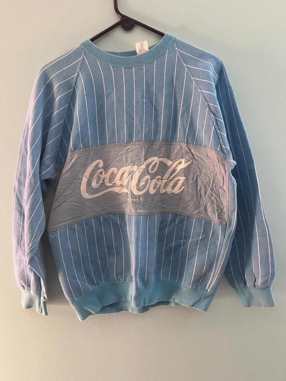 Vintage 80s Coca Cola Sweatshirt Pinstripe Colorblock Crewneck Blue Sweater